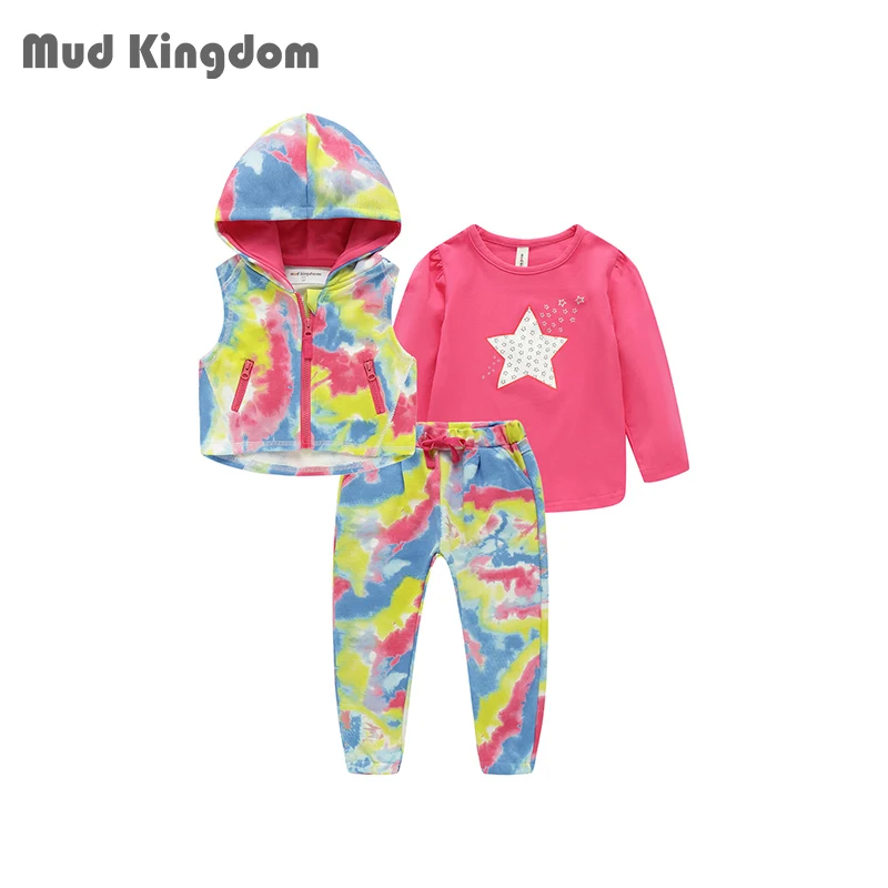 

Mudkingdom 3Pcs Boys Girls Jogger Outfit Zip Hoodies Vest Pant Long Sleeve Tshirt Suit Cotton Tie Dye Stripe Sets Spring Autumn