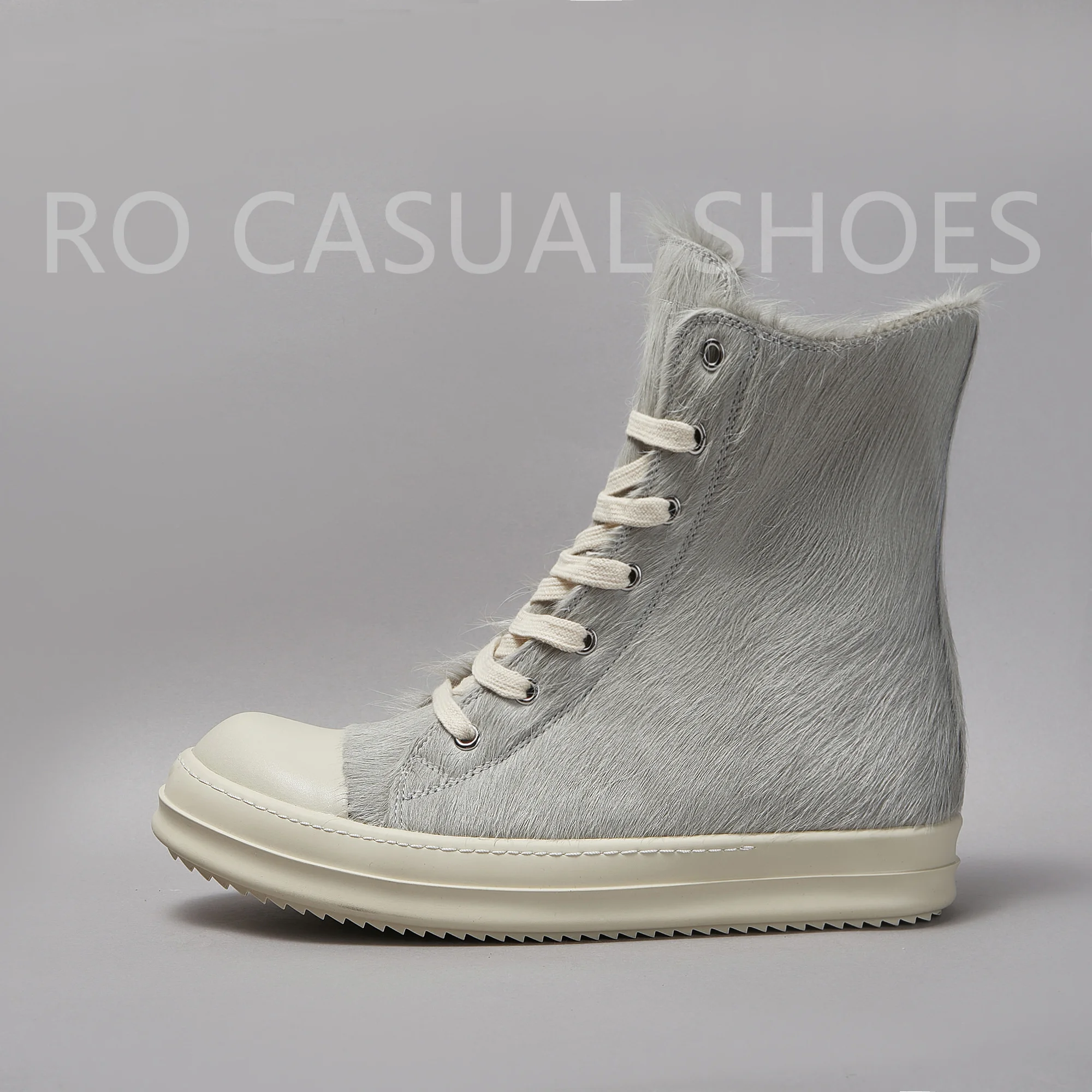 

Brand Ricks Women Sneaker Grey Horse hair Casual HighTop Men Shoe Leather Zip Ankle Boot Designer Owens Quality Flat Shoe