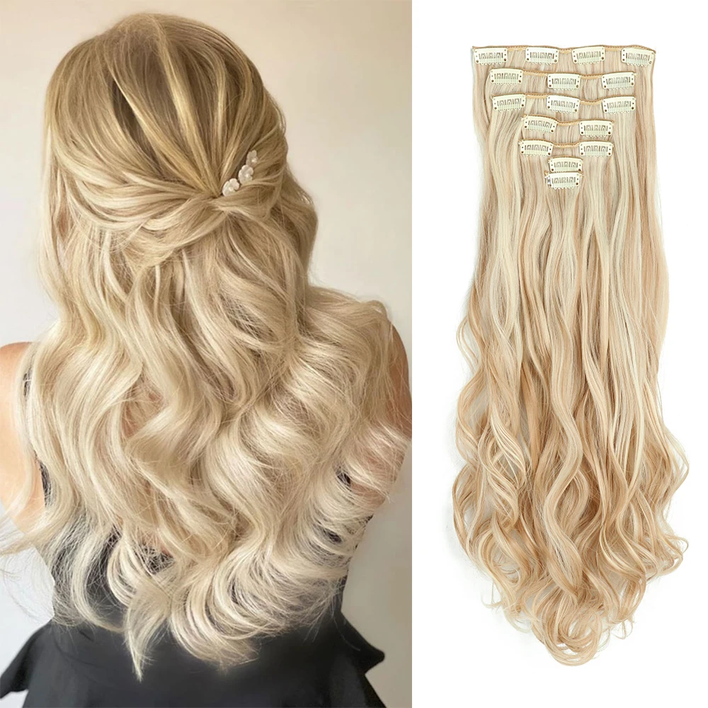 AZQUEEN Long Natural Wavy Synthetic 16 Clips Hair Extensions Clips In High Temperature Fiber Golden Blonde 7 Pcs/Set Hairpieces