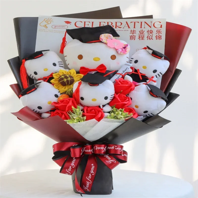 

Cartoon Bouquet Hello Kitty Plush Doll Flower With Graduation Hats Creative Cute Handmade Girls Valentine's Day Graduation Gift