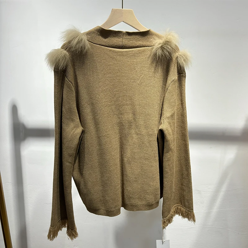 2025 Winter Women Coffee Real Fox Fur Sweater Natural Fur Spring Knitted Jacket Wear