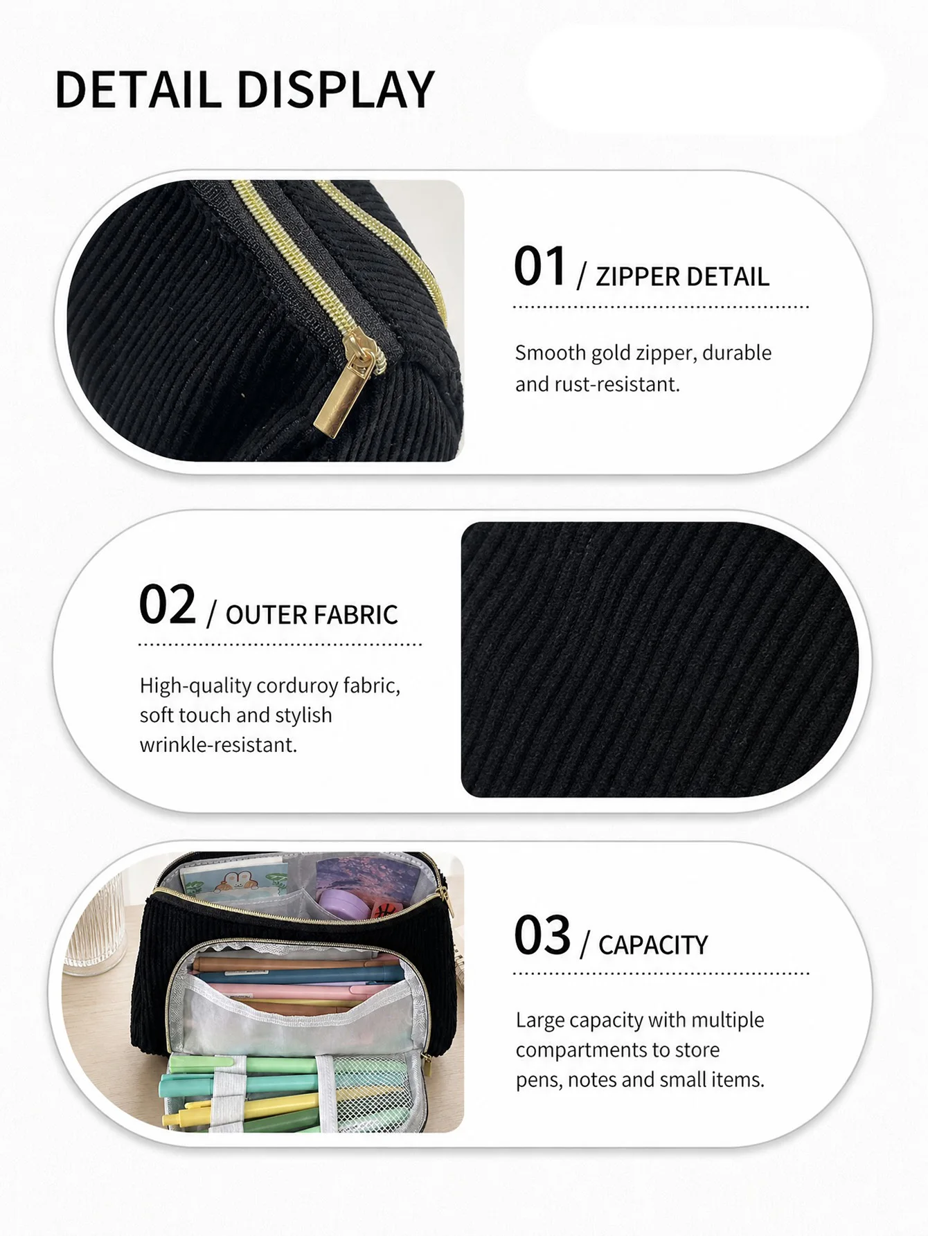 Custom Name Heat Transfer Corduroy Pencil Case Personalized Zipper Pen Bag Large Capacity Stationery Organizer Back to School view 6