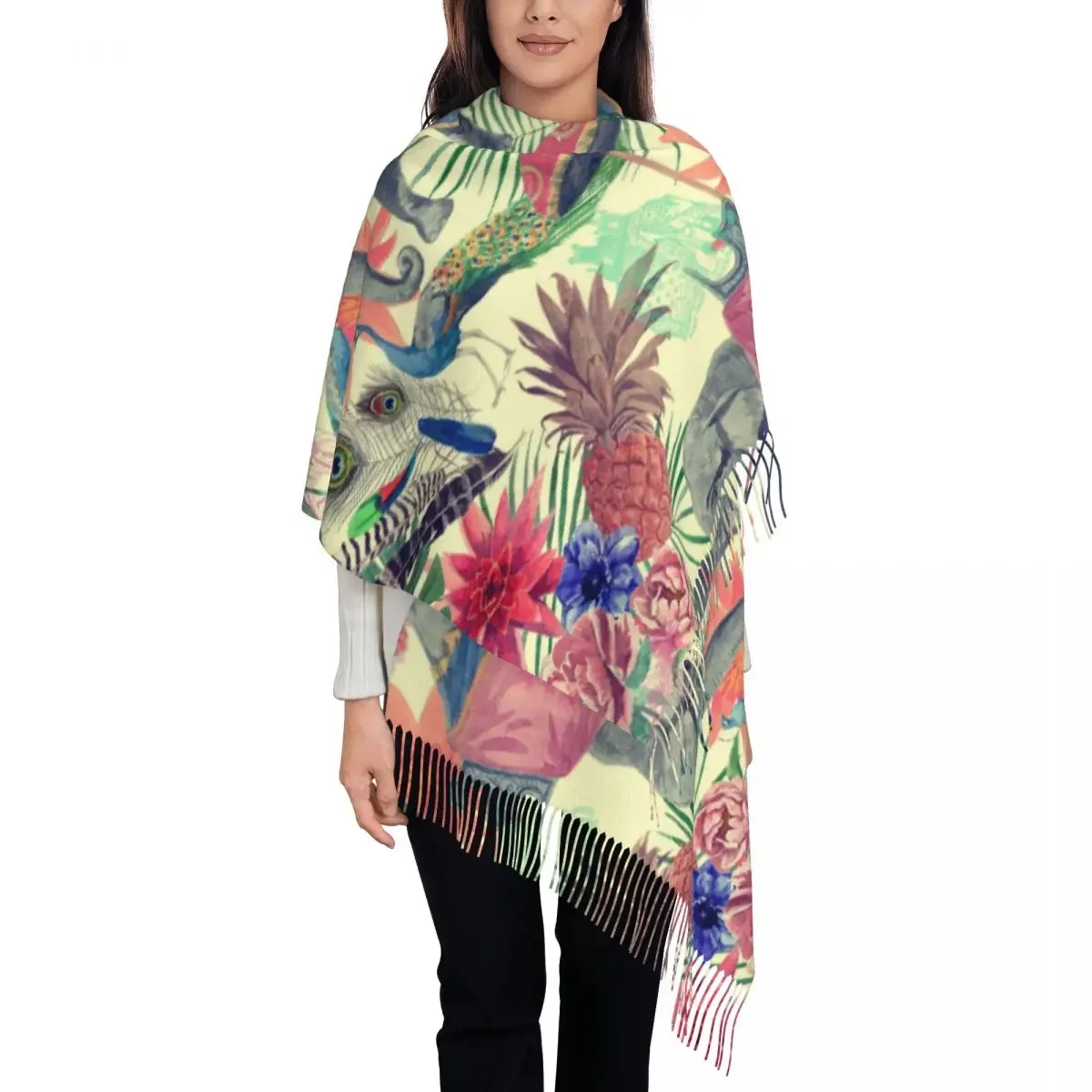 Vintage Indian Elephant Watercolor Peacocks Flowers Leaves Women's Pashmina Shawl Wraps Fringe Scarf Long Large 