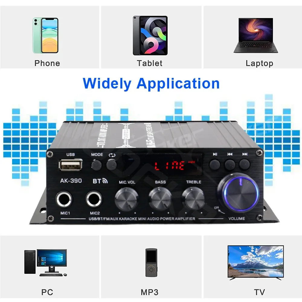 Woopker AK390 Wzmacniacz dźwięku HIFI Bluetooth Domowy cyfrowy kanał audio 2.0 Wzmacniacz dźwięku Obsługa mikrofonu FM Bass Treble 12V 3A