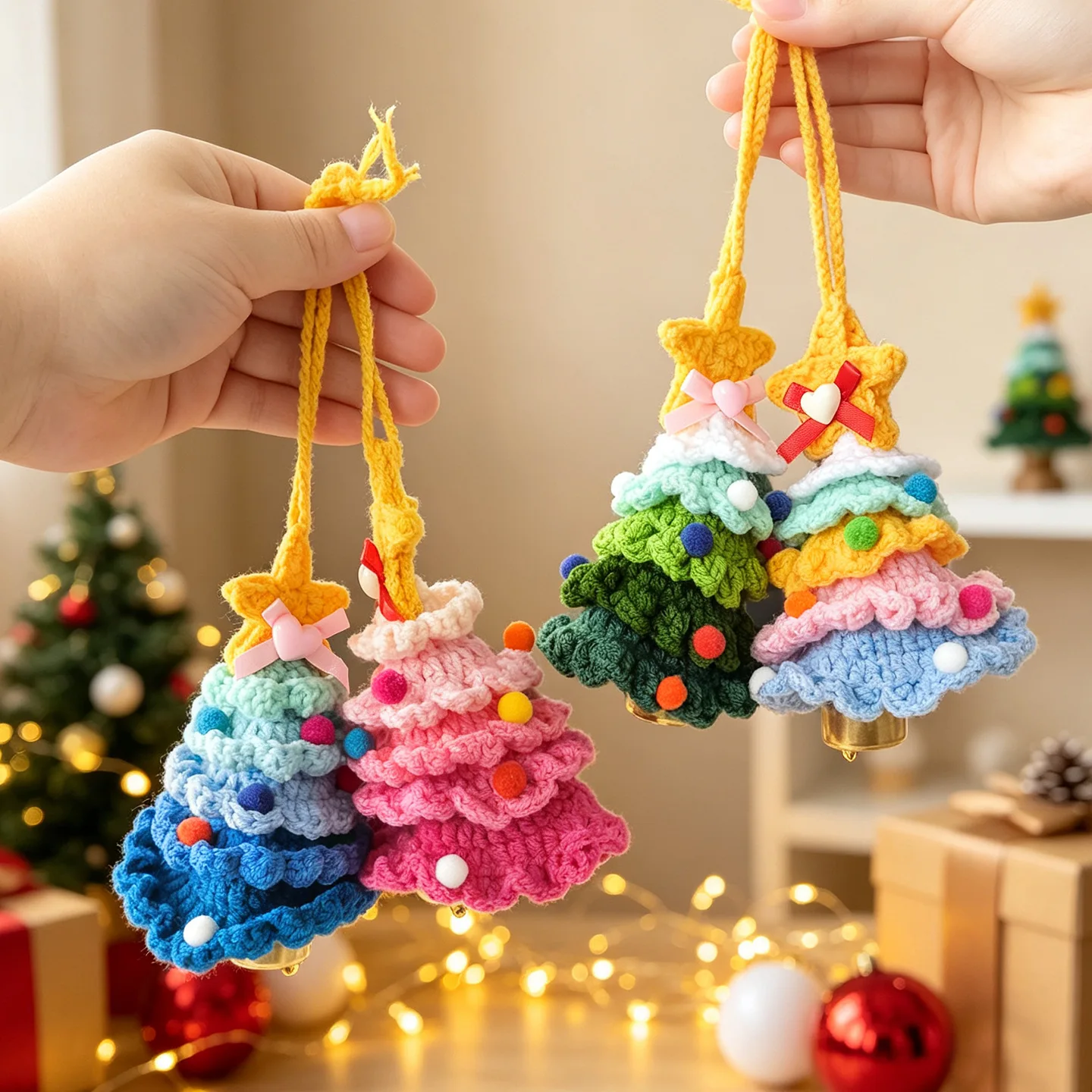 Knitted Christmas Tree Pendant Wool Yarn Handmade Festive Holiday Home Party Decor Green Lightweight Durable Charm