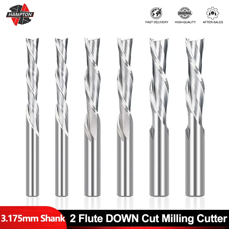 HAMPTONB Down Cut Router Bit 1/8 Shank Carbide Milling Cutter 2 Flute CNC Machine End Mill for Woodworking MDF Cutting