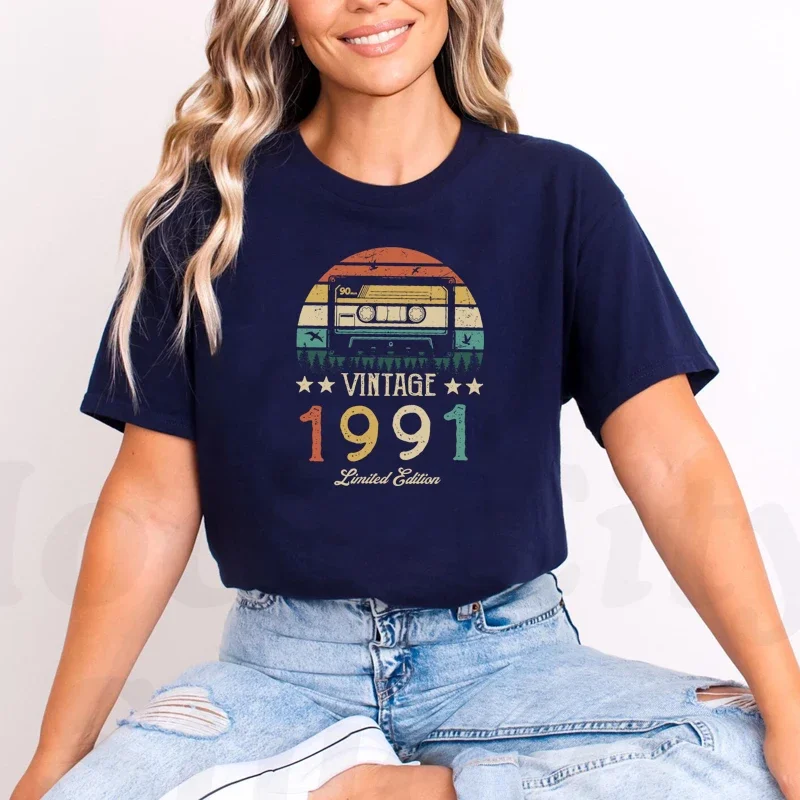 Born In 1991 34th 34 Years Old Birthday Women T Shirt Cotton Retro Sunset Tape Graphic Tee Black Ladies T-Shirt Clothes