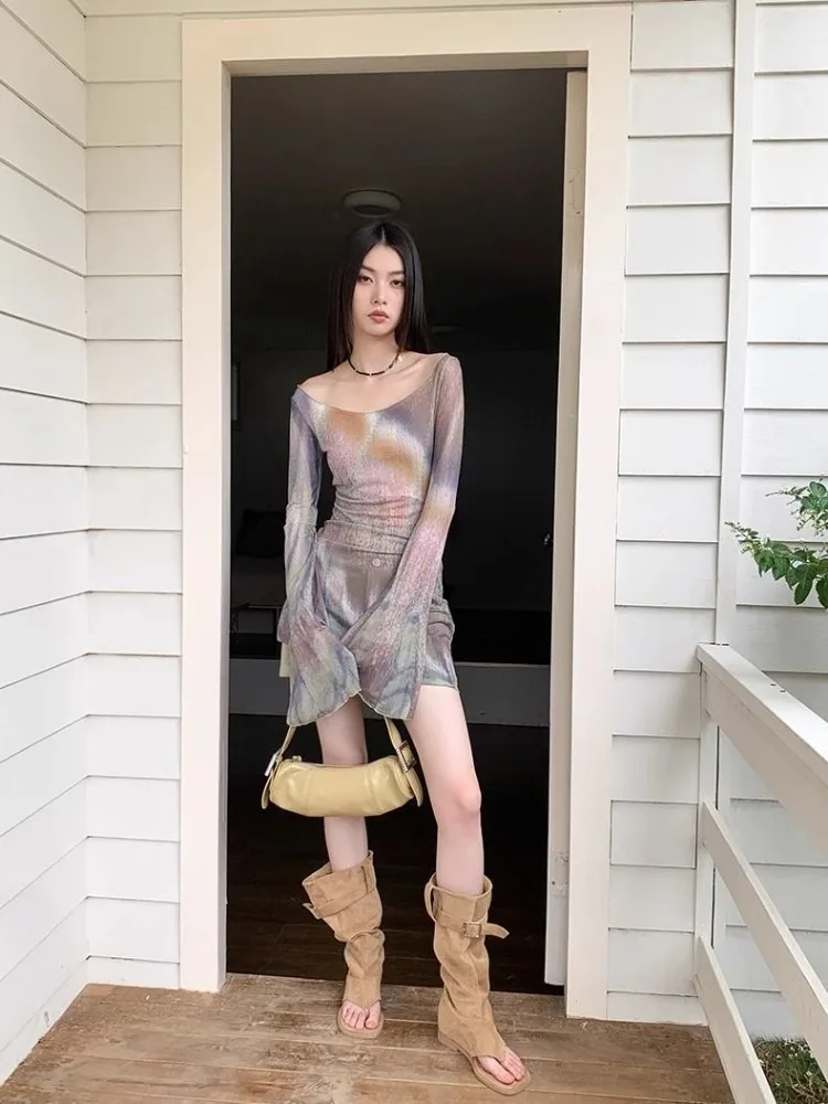 Tie-dye Rosa Druck Oansatz T-shirt Für Frauen Mesh Langarm Slim Fit Tops Mujer 2025, Sommer Neue bodenbildung T Shirt