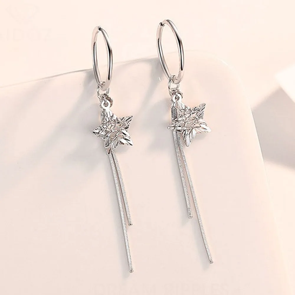 

PT950 Pure Platinum 950 Hoop Women Gift Lucky Tassel Hollow Star Dangle Earrings 3.1-3.3g