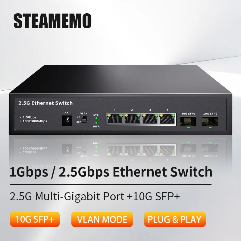 

Steamemo 4 Port 2.5G Ethernet Switch 10G SFP+ None POE Switch with 1*10G SFP Port for IP Camera/CCTV Security