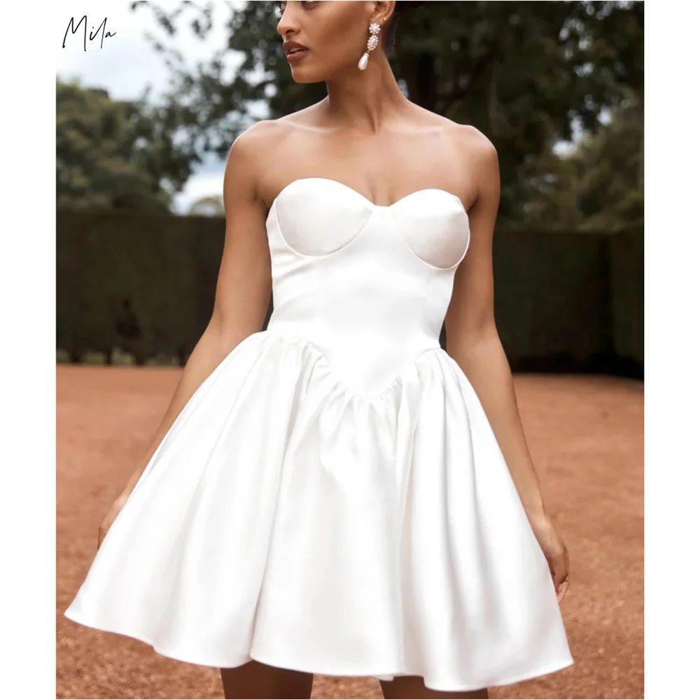 

Mila White Sweetheart Neck Mini فساتين سهرات Pleated Satin Zip 15 Quinceanera Dresses Elegant Homecoming Prom Dresses 2025