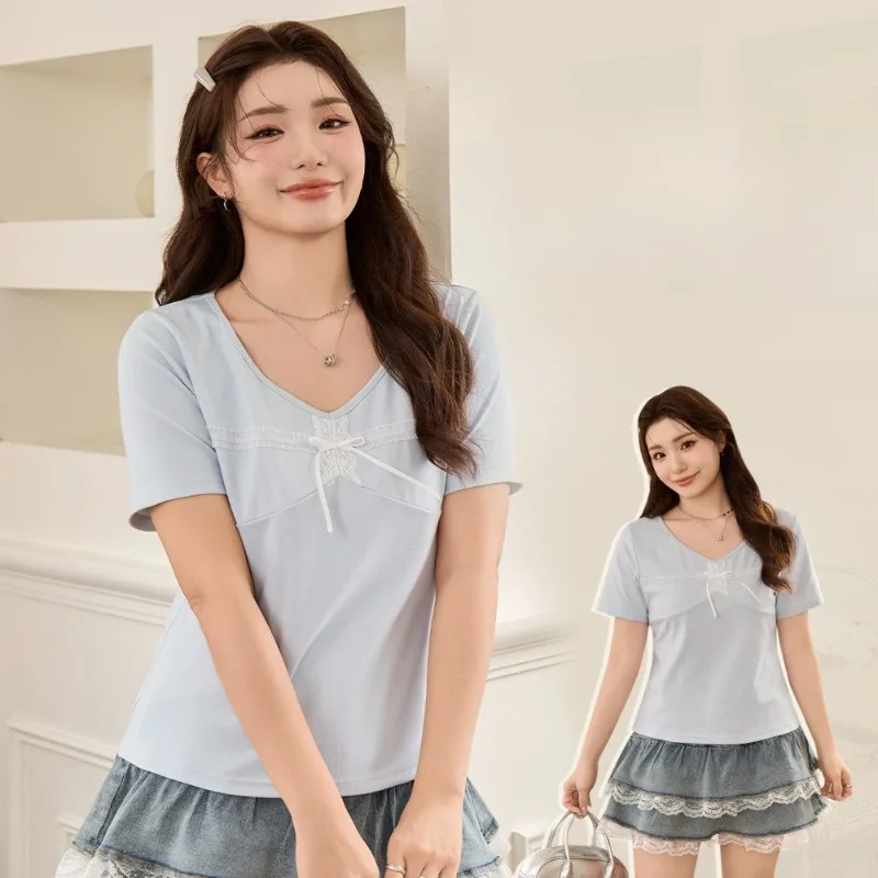

Summer New Design Lace Splicing V-neck Top Women's Large Size Slim and Thin Short-sleeved T-shirt