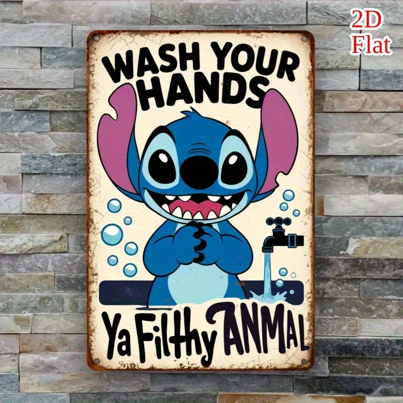 ديزني 1 قطعة علامة حائط معدنية مرخصة رسميًا من ديزني ستيتش 8 × 12 بوصة (20 × 30 سم) ديكور حمام حديدي عتيق مع غسل يديك