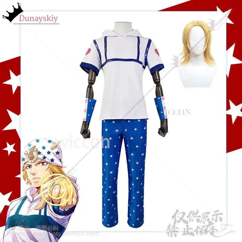 

zizi 2025 Джонни Джостар Косплей Sbr Аниме Костюм Jo NEW Bizarre Top Синие Брюки Шляпа Наручные Защита Золотые Парики Jirai Kei Комплект Мужчина Cus