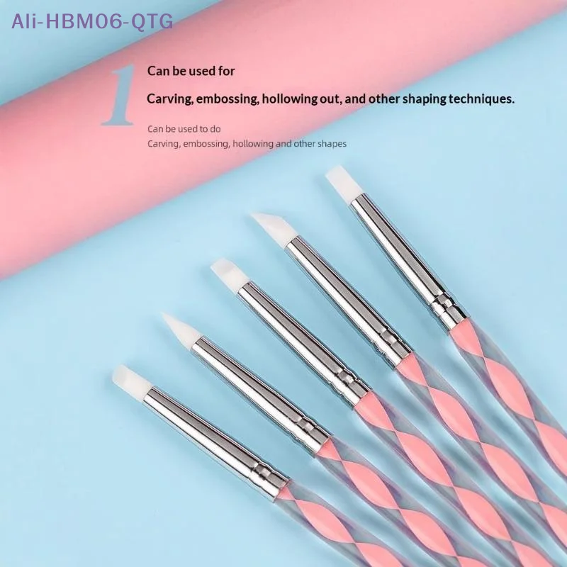 Hot 5Pcs Marbleizing Painting Pens 2 Way Nail Art Acrylic Silicone Point Flower Nail Pen Stainless Steel Dotting Tools