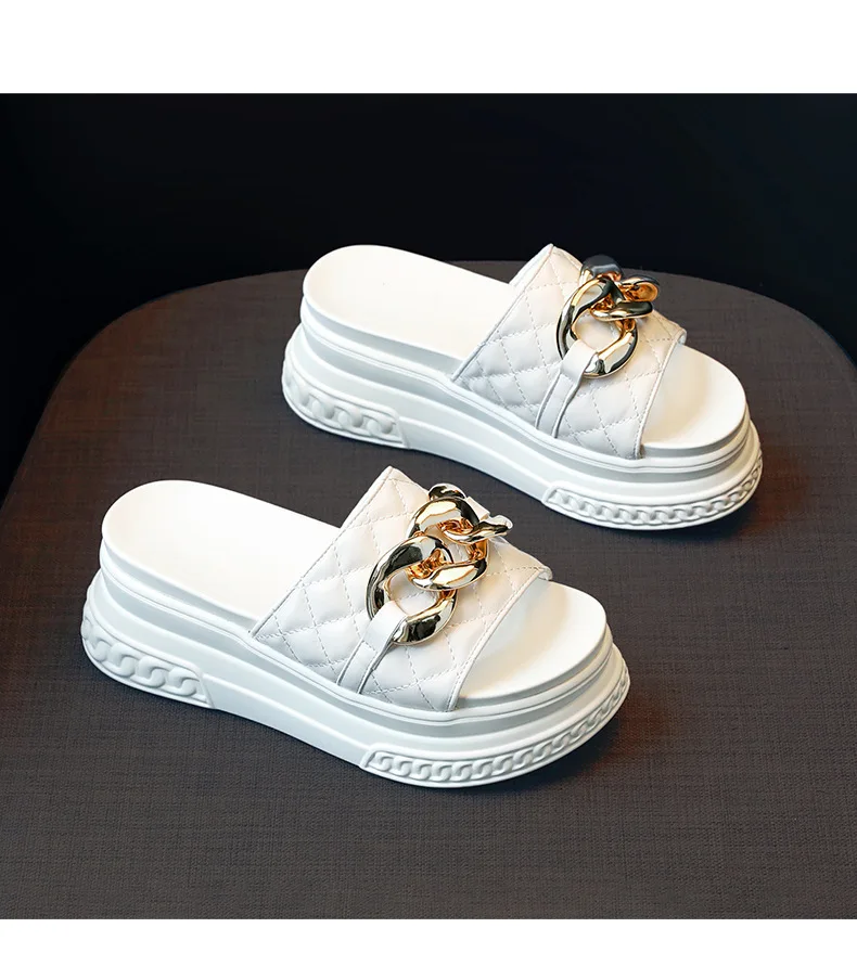 Chain High Heels Slippers Women Wedding Shoes Summer 2023 White Black Platform Wedges Slides Ladies Beach Slippers