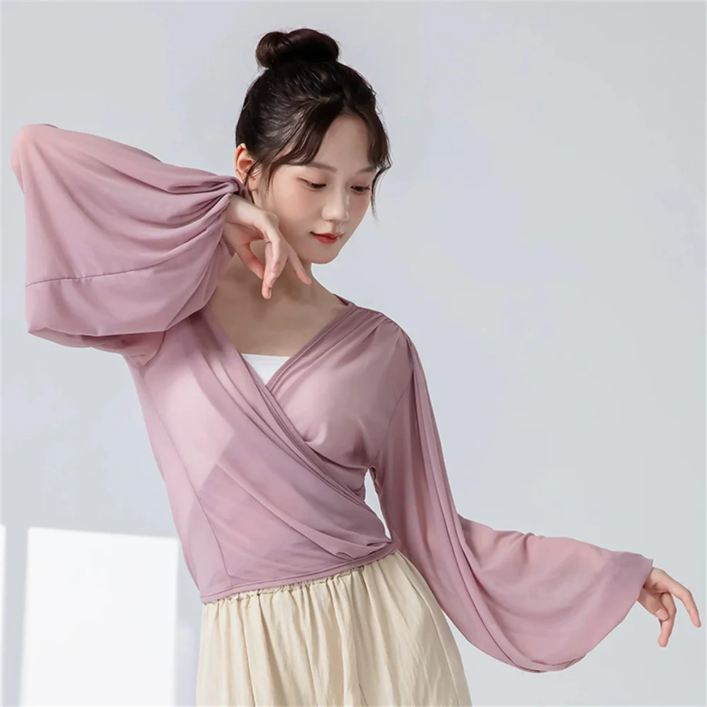 Women Classical Dance Top Lace Up Mesh Cardigan Adult Line Dance Clothing Modern Dance Coat Female Long Sleeve Chinese Dancewear