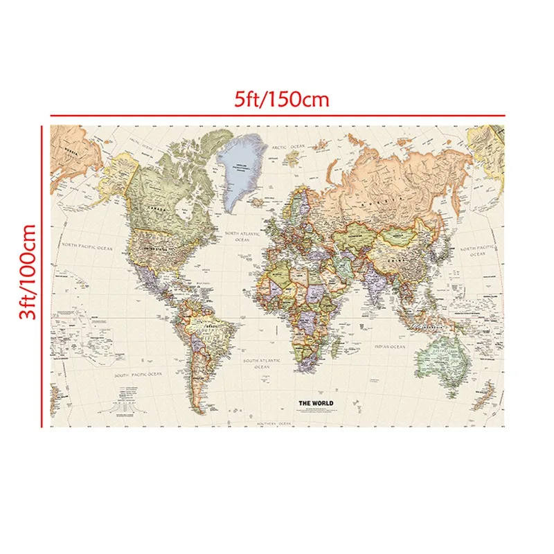 Vintage wiszący plakat mapa świata w języku angielskim włóknina płótno malarstwo biuro dekoracja ścienna domu artykuły szkolne 150x100cm