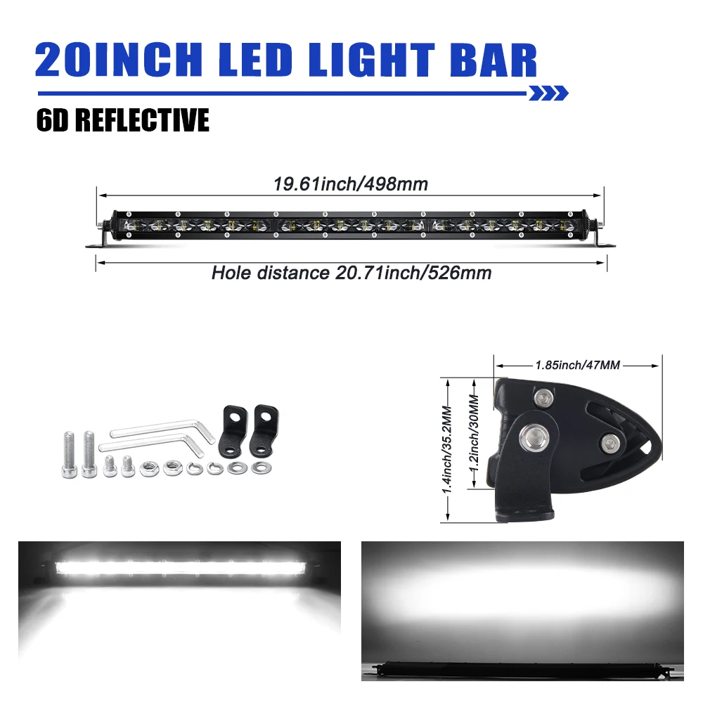 HAOLIDE 6D Ultra Slim LED Lichtbalk 1 Rij 7inch-50inch Rijlicht 6000K Wit voor Offroad 4X4 SUV UTV IP68 12V 24V off-road