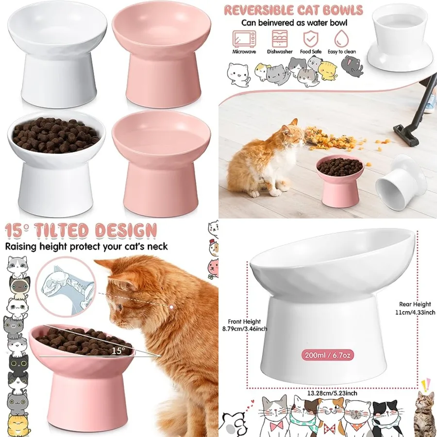 

4 Pcs Ceramic Raised Cat Bowls, Elevated Tilted Cat Bowl for Food Water, Stress Free, Backflow Prevention, Dishwasher Microwave
