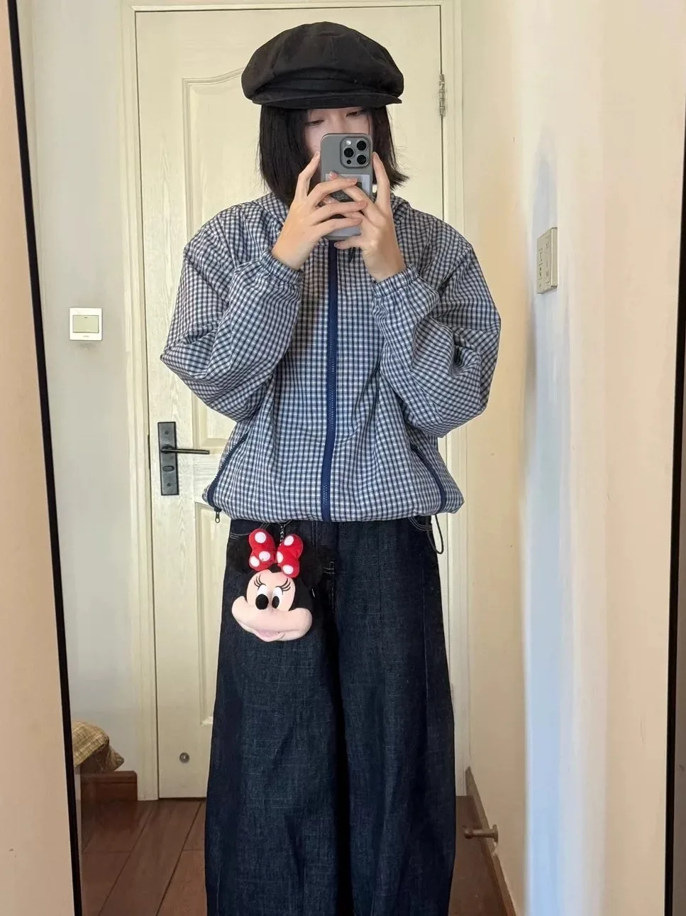 معطف نسائي أمريكي عتيق الطراز مطرز بنقشة مربعات، فضفاض وعملي للربيع والخريف، مع غطاء للرأس للحماية من الشمس والرياح