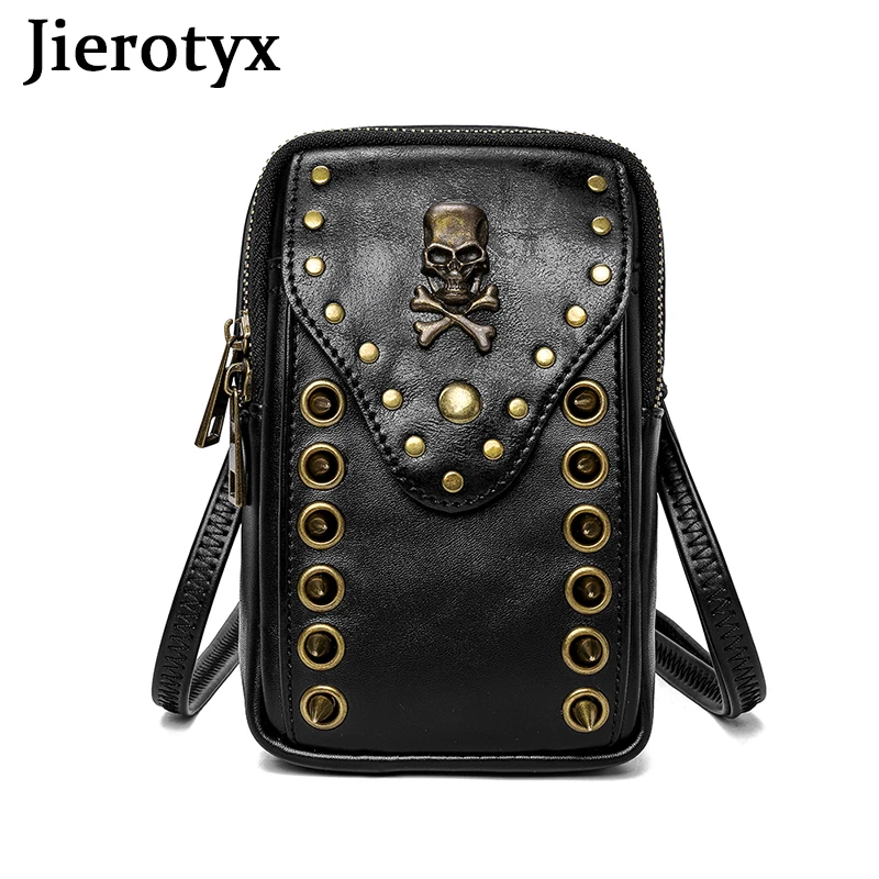 JIEROTYX Vintage Skull Rivet Women Single Shoulder Crossbody Bags Mini Messenger Bag Gothic Cellphone Bags Wallet Waist