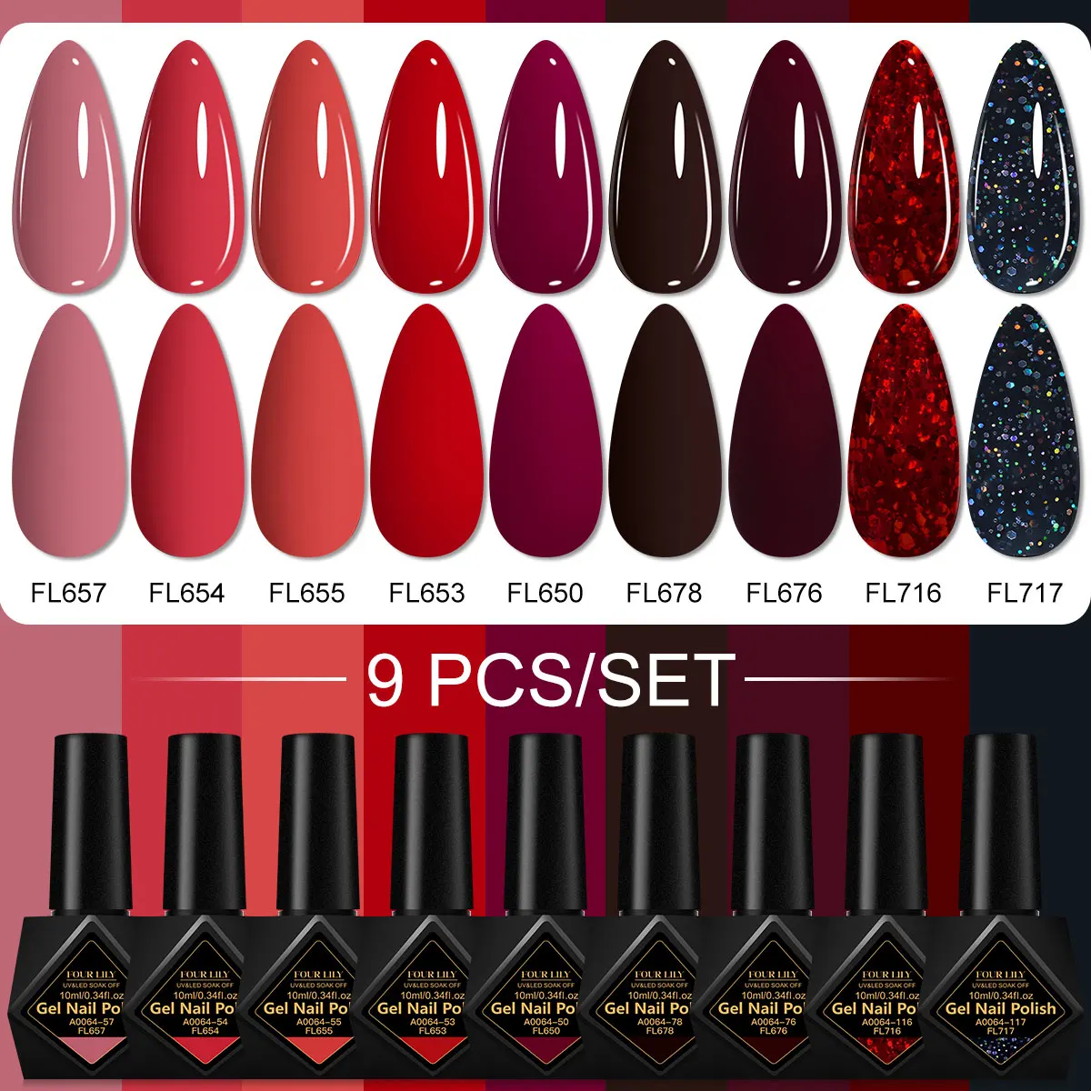 FOUR LILY 9 Pz/set 10ml Gel Colorato Smalto Per Unghie Rosa Rosso Neon Caffè Colore Gel UV Per Le Unghie Unghie artistiche Kit Manicure Forniture Per Unghie