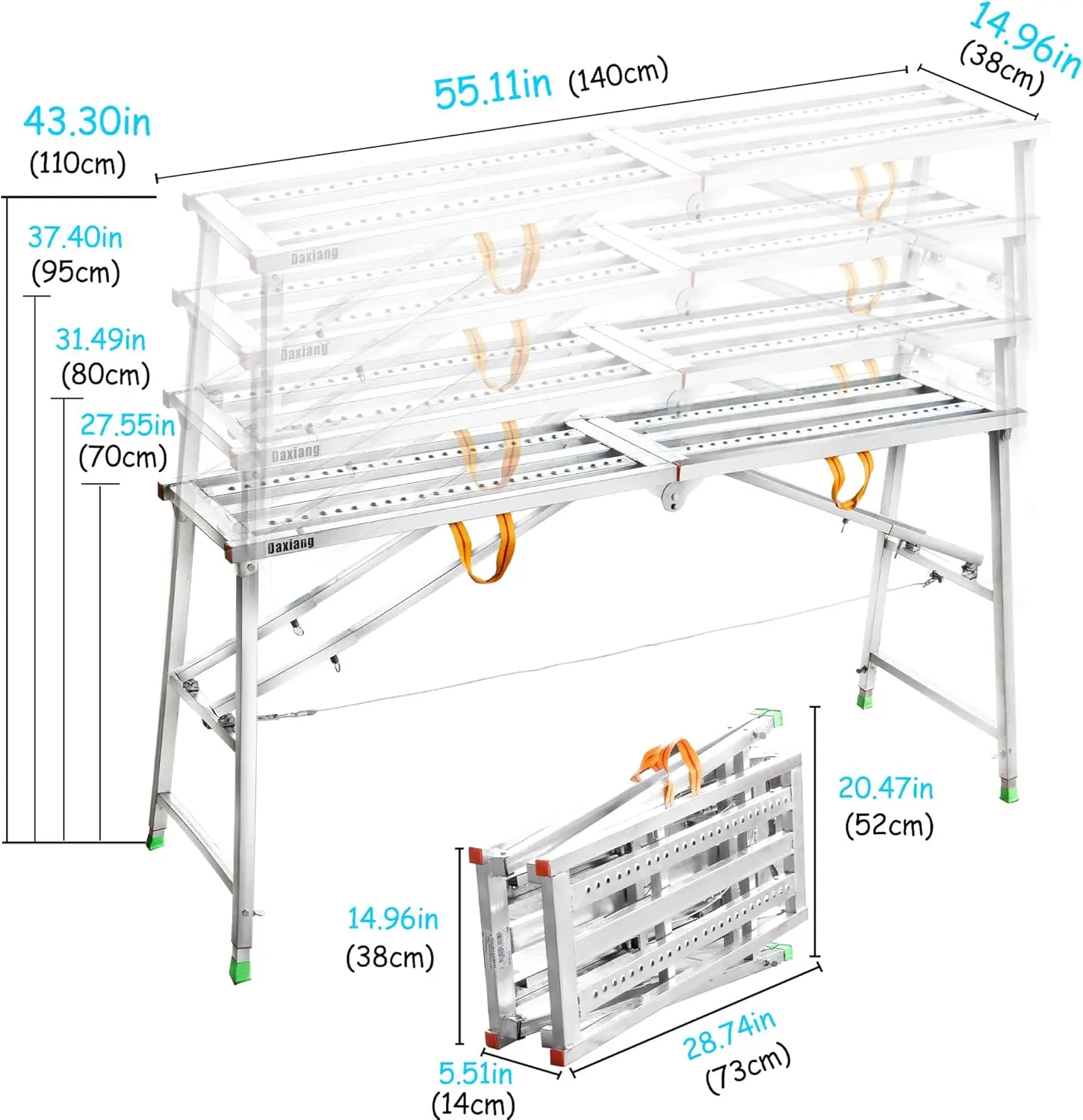 منصة سقالات محمولة 55 (طول) × 15 (عرض) × 27-43 (ارتفاع) بوصة منصة عمل قابلة للتعديل ارتفاع فولاذ 600 رطل سعة تحميل خطوة قابلة للطي