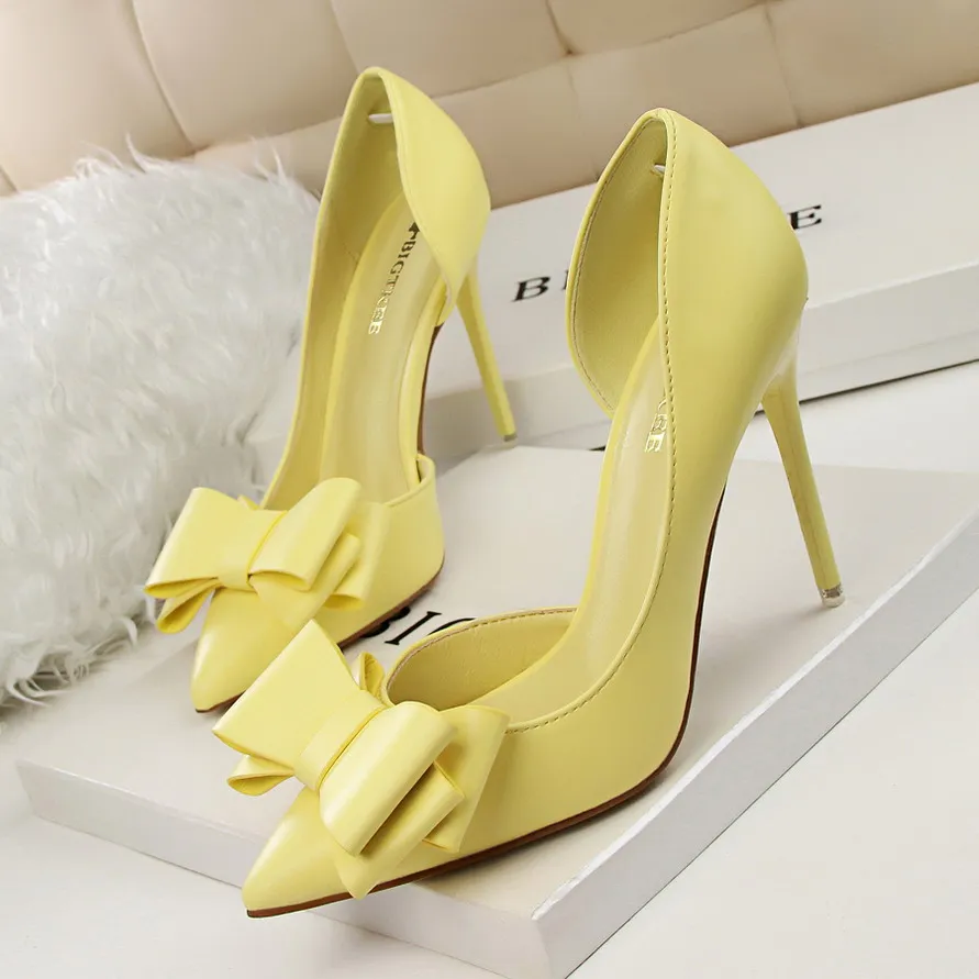 

2022 Sweet Women Yellow Blue Pink High Heels Pumps Escarpin Stiletto Butterfly Knots Tacones Heels Designer Wedding Party Shoes