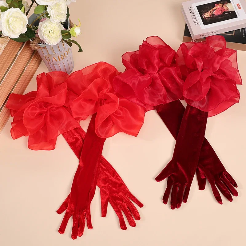 

Fashion Velvet Long Gloves With Oversized Organza Ruffles Hand Sleeve Women Bridal Wedding Dance Party Dress Photo Prop Glove