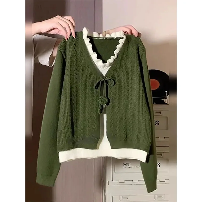 French Retro Women's Fake Two-piece V-neck Sweater Coat 2025 Spring Female Fashion Cardigan Lace-up Design Sense Sweater Top