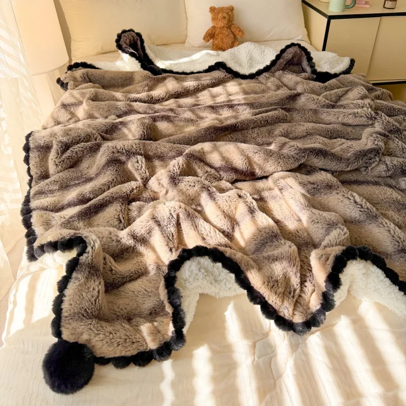 1Pc Thick Velvet Blanket with Wool Ball Super Soft Faux Rabbit Plush Warm Sofa Blankets Coral Velvet Shawl for Autumn and Winter