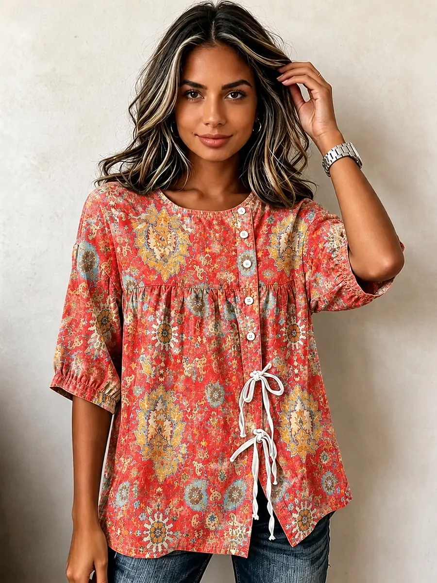 

Women's Spring Summer Casual Blouse, Red Boho Ethnic Print Tops for Daily Street Holiday Dating & Leisure Outfit
