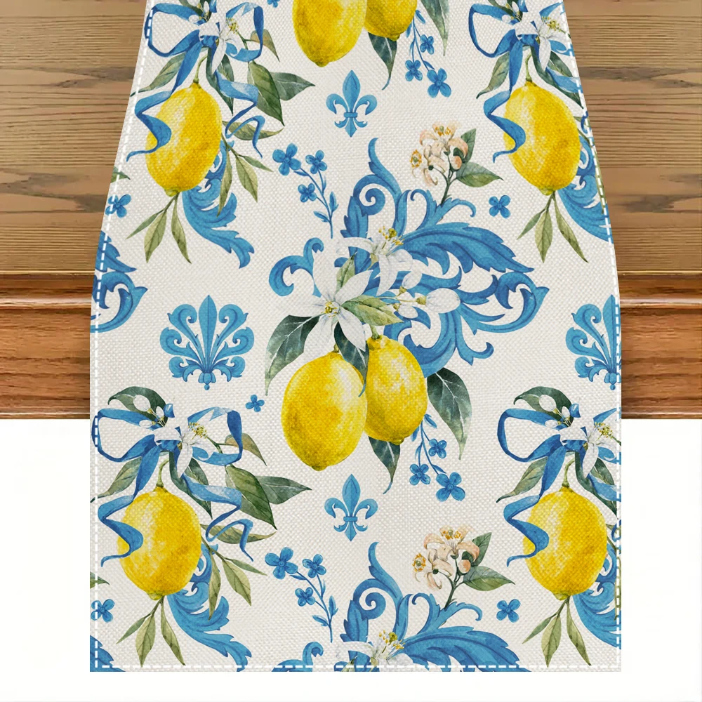 Blue Lemon Iris Floral Table Runner All Seasons Kitchen Table Mat Suitable for Home Holiday Party Scene Decoration Accessories