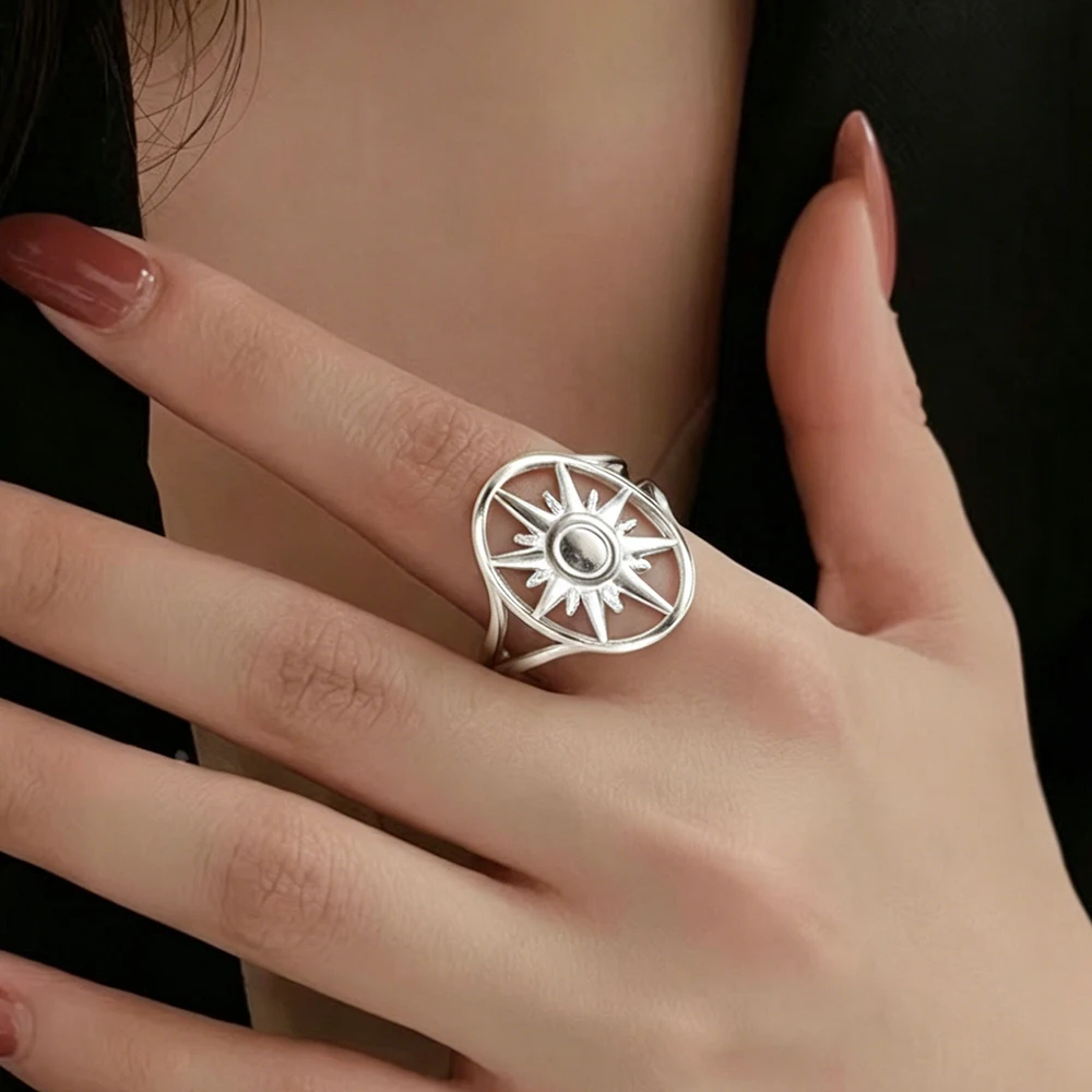 Stainless Steel Ring Retro Oval Octagonal Star Women's Jewelry Adjustable Hollow Wide Ring Party Jewelry Gifts Daily Collocation