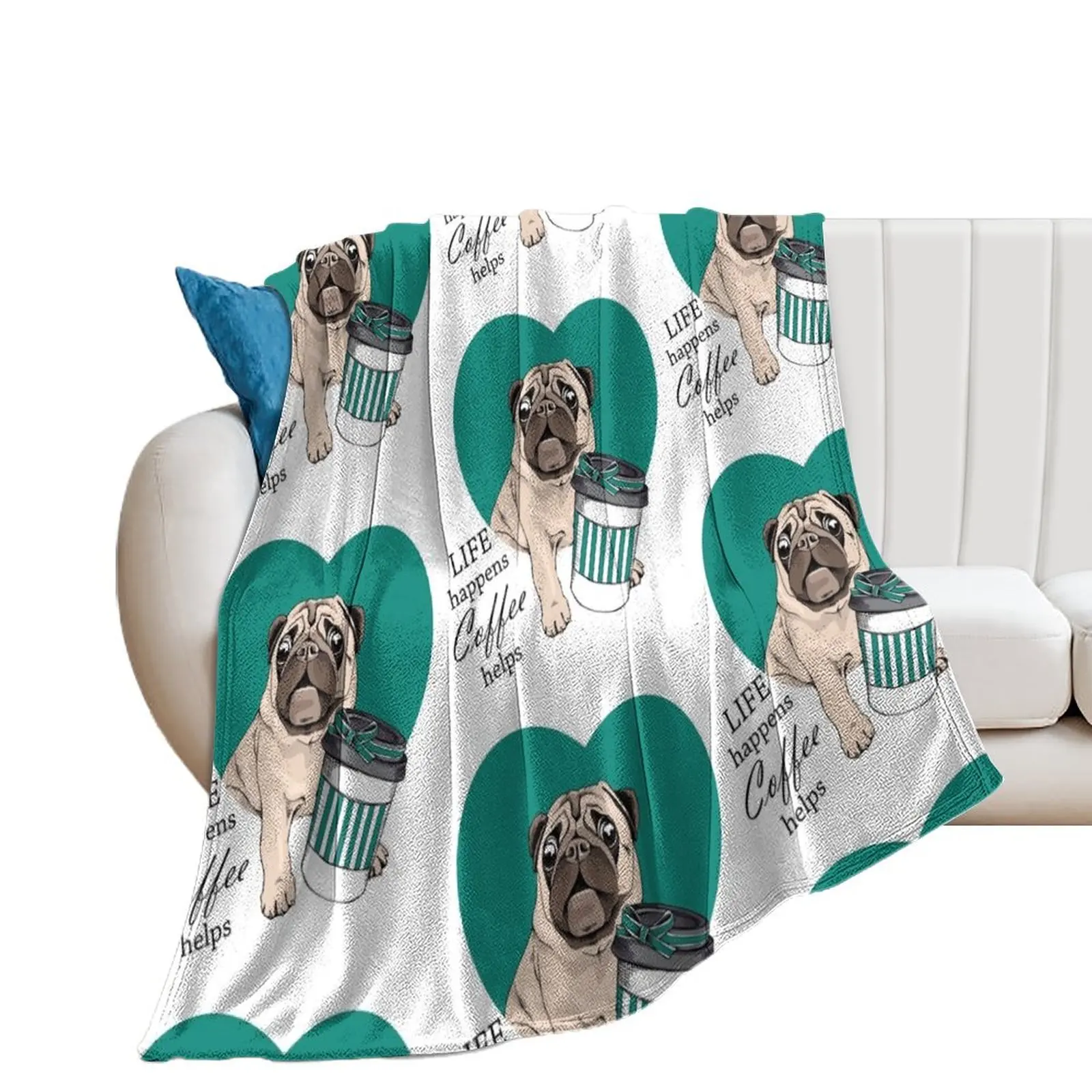 sweet pug: Life happens, Coffee helps Throw Blanket Shaggy Flannel Fabric Blankets