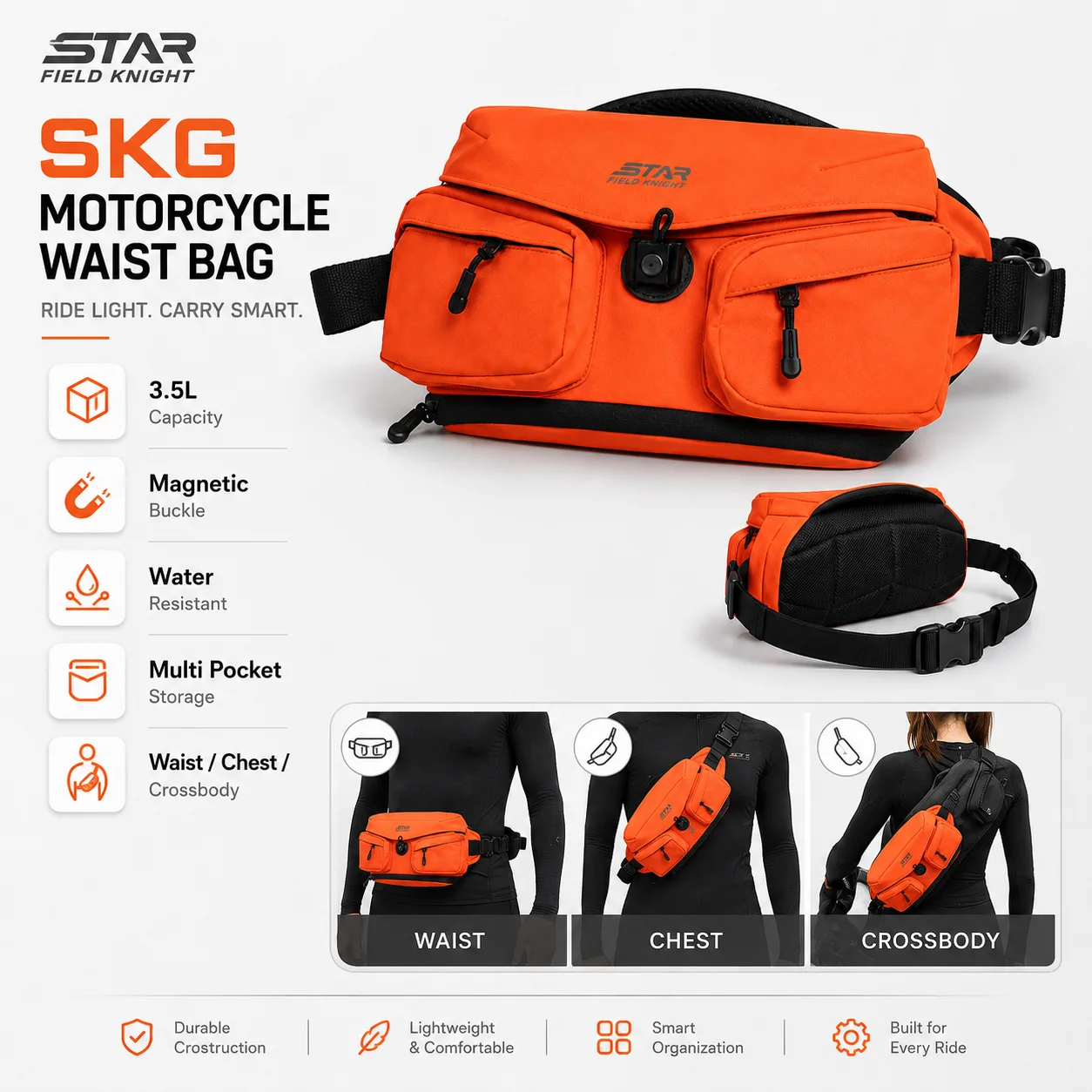 STAR FIELD KNIGHT Motorcycle Chest Bag Magnetic Buckle Water Resistant Adjustable Waist Crossbody Riding Pack for Men Women