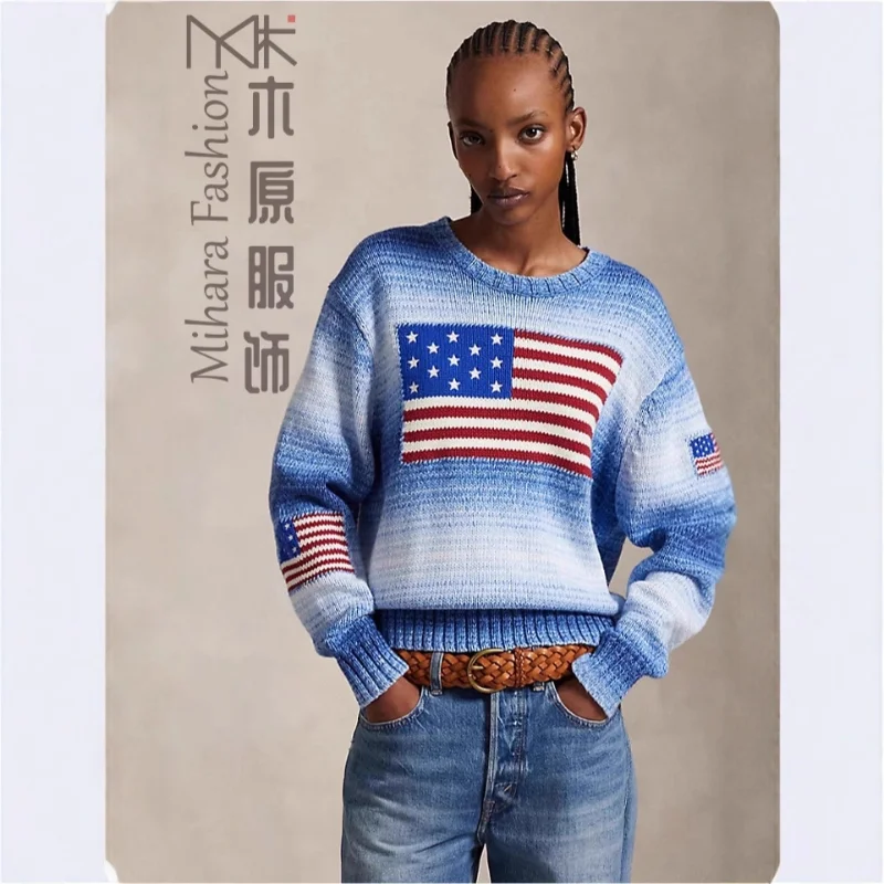 

2026 свитер с американским флагом, женский вязаный топ с градиентом в стиле ретро, повседневный пуловер со звездами и полосками, с длинными рукавами, осенняя мода