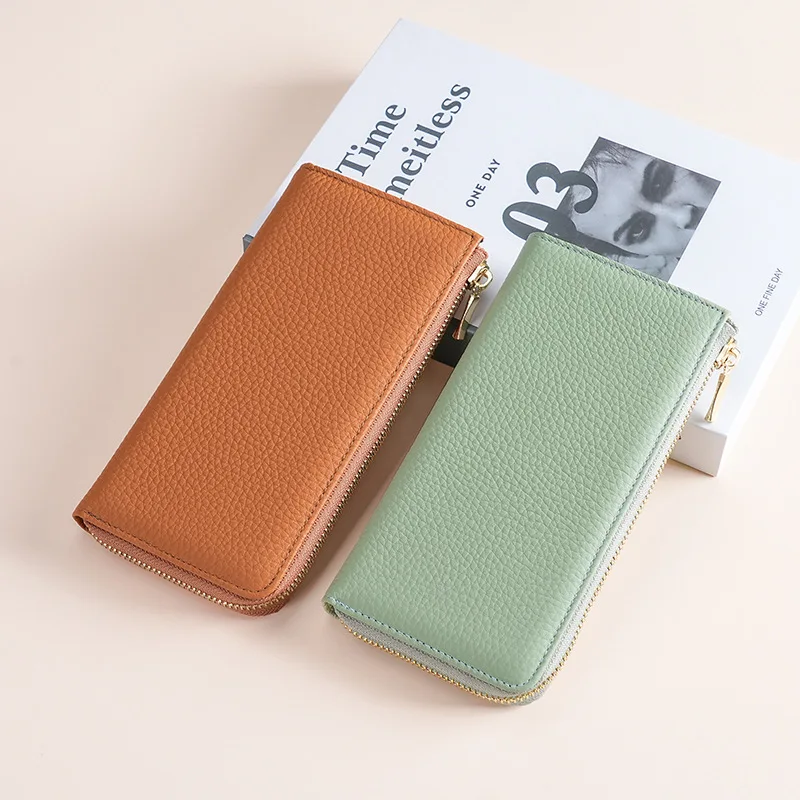 Dompet Pelindung RFID Kulit Asli Dompet Tangan Fashion Ritsleting Panjang Wanita Dompet Koin Tas Ponsel