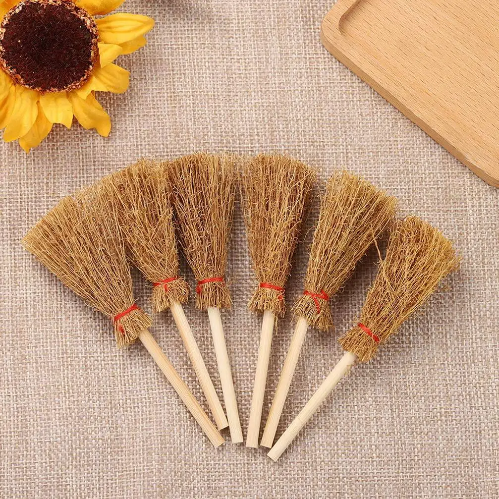 20Pcs Miniature Artificial Mini Straw Brooms with Red Ropes Halloween Straw Decoration Witches Decor Toy