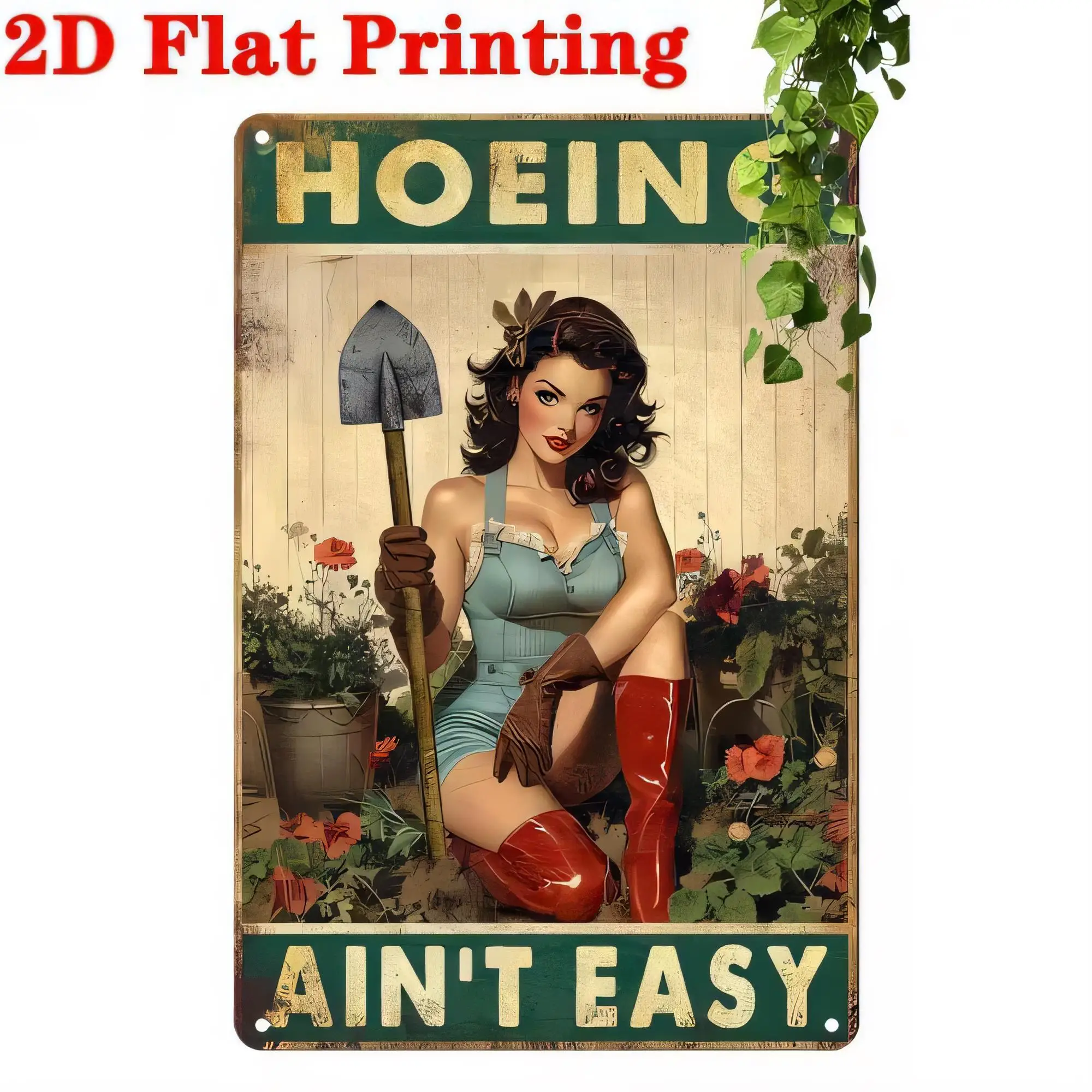 HOEIN AINT EASY Tin Sign  Printing Vintage Garden Girl Wrought Iron Tool Shovel Wall Decor for Farmhouse Shed Patio Wall Art Rus