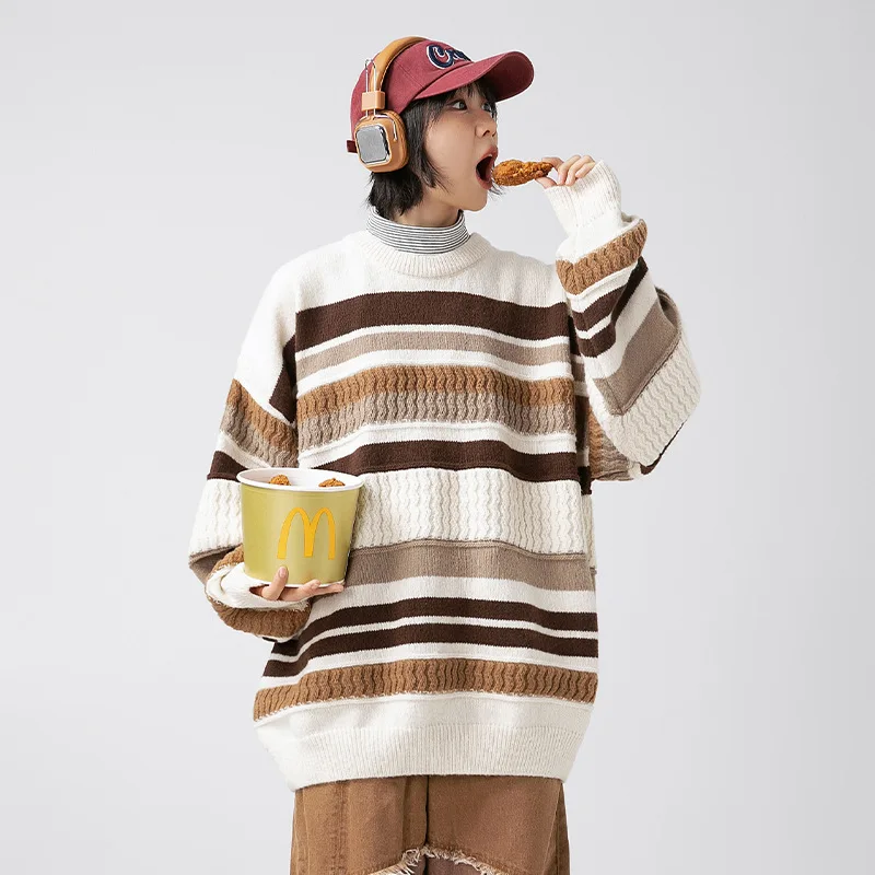 Unisex Sweater 2025 Autumn Winter Women Knitting Sweater Japanese Style Striped Color Block Loose Men's Knit Outerwear