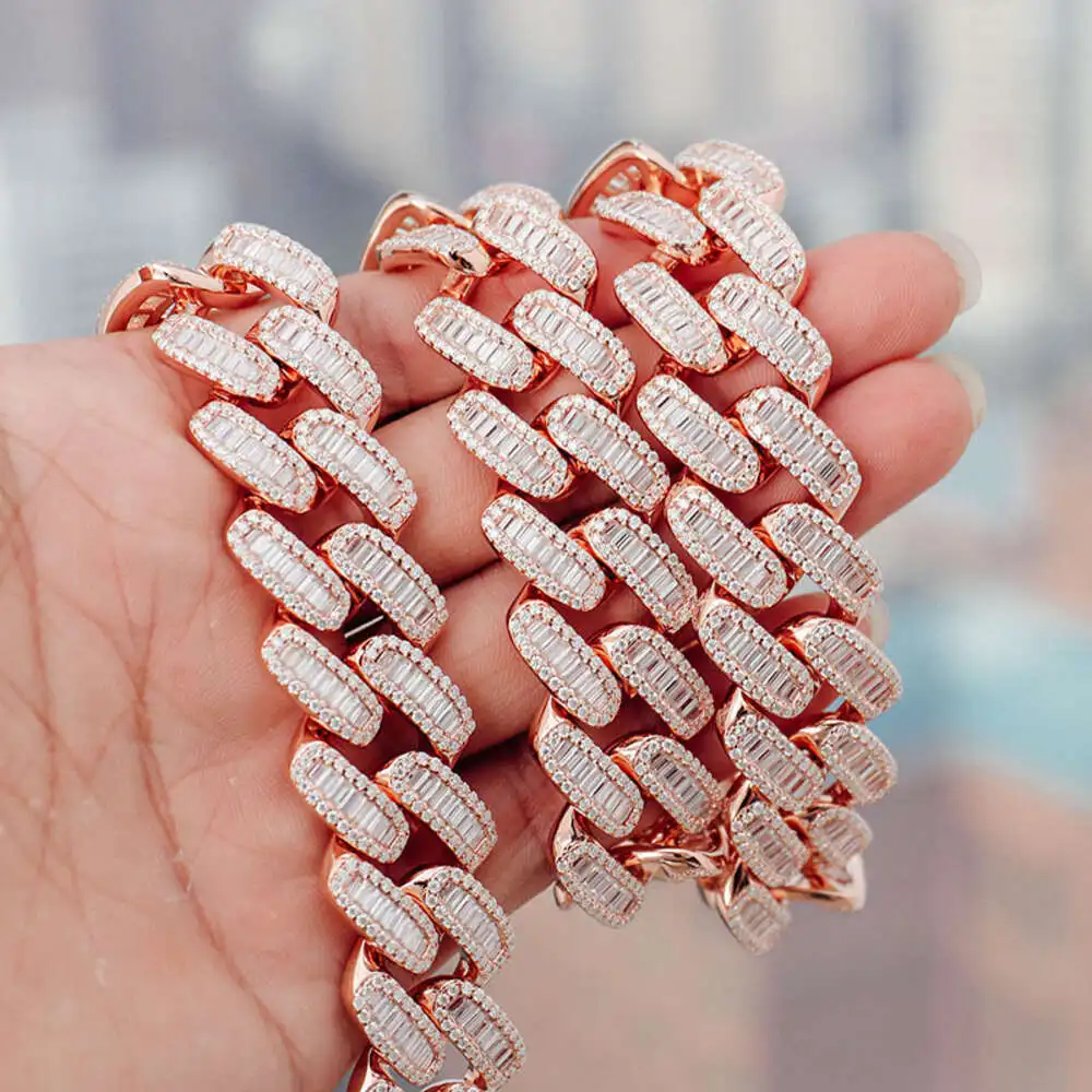 Light Jewelry 20mm Baguette Cuban Link Chain Mens Diamond 925 Silver Miami Cuban Necklace Iced Out Cuban Link Chain Hip Hop Rapp