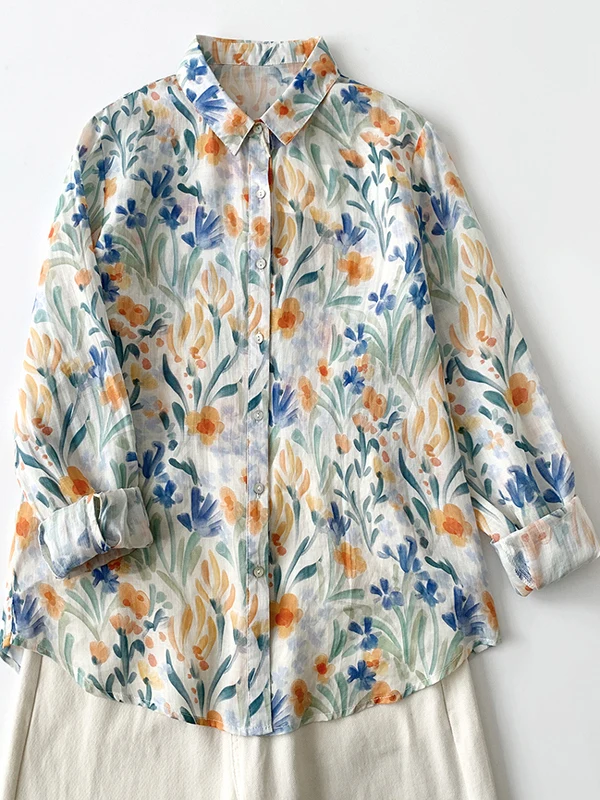 2025년 봄 루즈핏 롱 슬리브 여성용 플로럴 프린트 자외선 차단 코튼 린넨 혼방 칼라 캐주얼 출퇴근 슬레