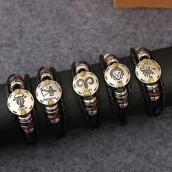 Vintage 12 Constellations Leather Bracelet Zodiac Horoscope Braided Bangle for Men Women Charm Wristband Accessories Xmas Gifts