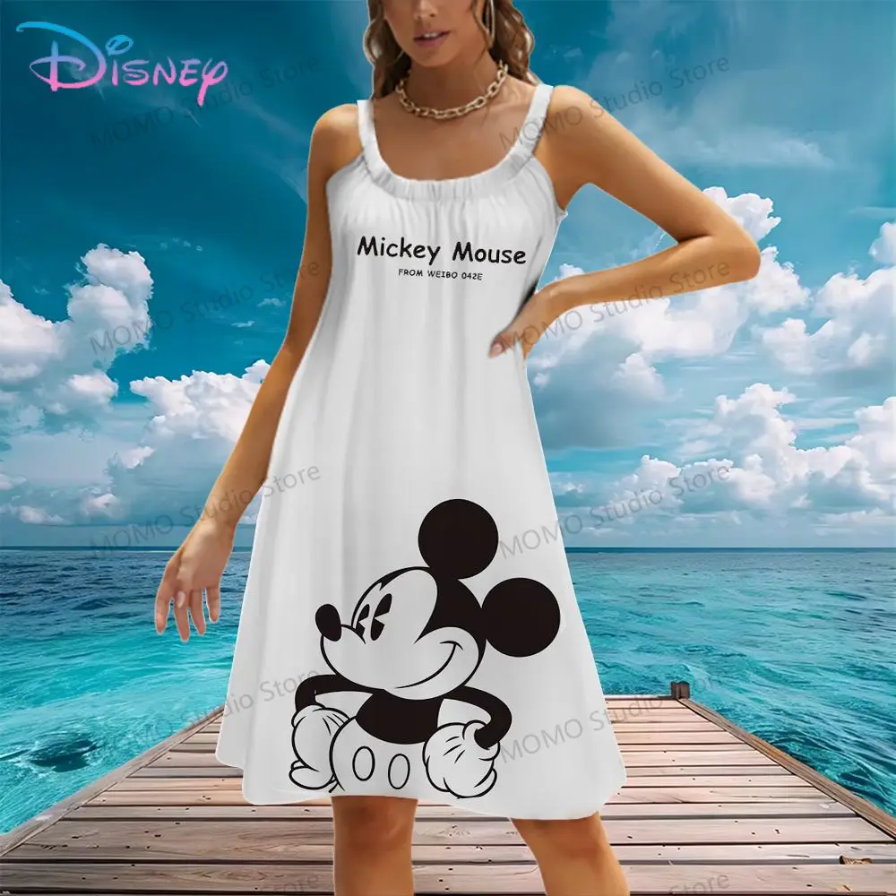 Women's Beach Dress Minnie Mouse Sling Disney's Mickey Fashion Leisure Lovely Evening Dresses 2024 Street Wear Female Clothing