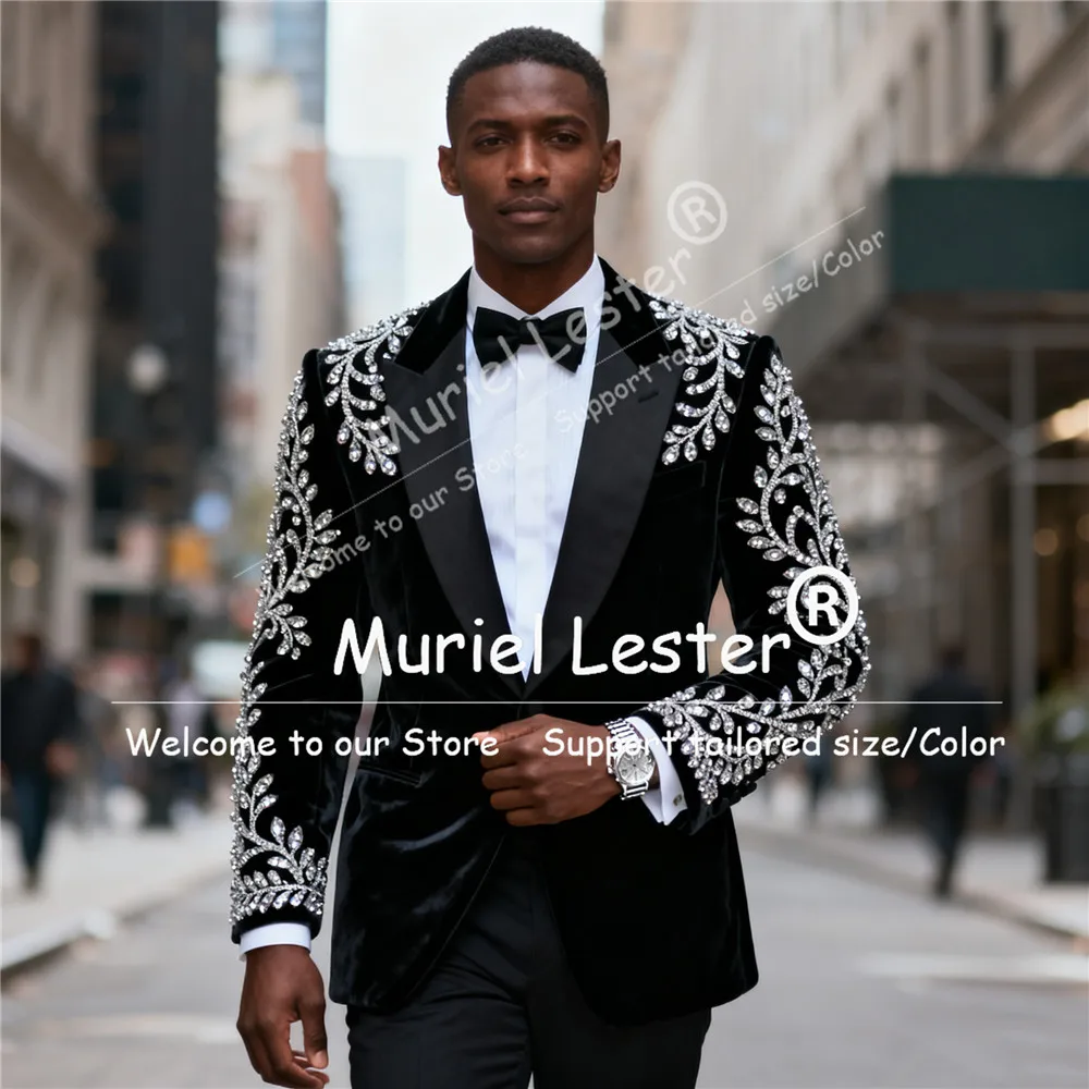 مطرز المخملية بدل زفاف للرجال 2 قطعة مجموعات العريس حجر الراين بلورات انقطاع تصميم مخصص سليم صالح البدلات الرسمية