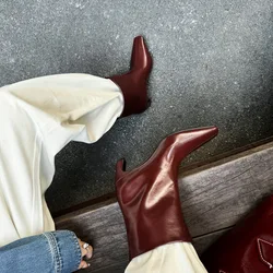 Arden Furtado 2025 Autumn Red Cowhide Short boots Square-head Pull-on Fashion Chunky heels Modern boots Simple style Half Boots