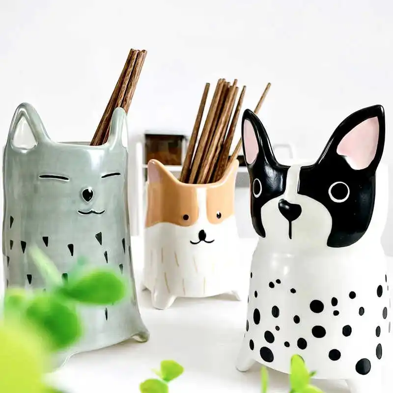 Creative Ceramic Drain Chopstick Holder Cute Animal Pen Holder Kitchen Fork Spoon Storage Box Desktop Ornament Vase Home Decor