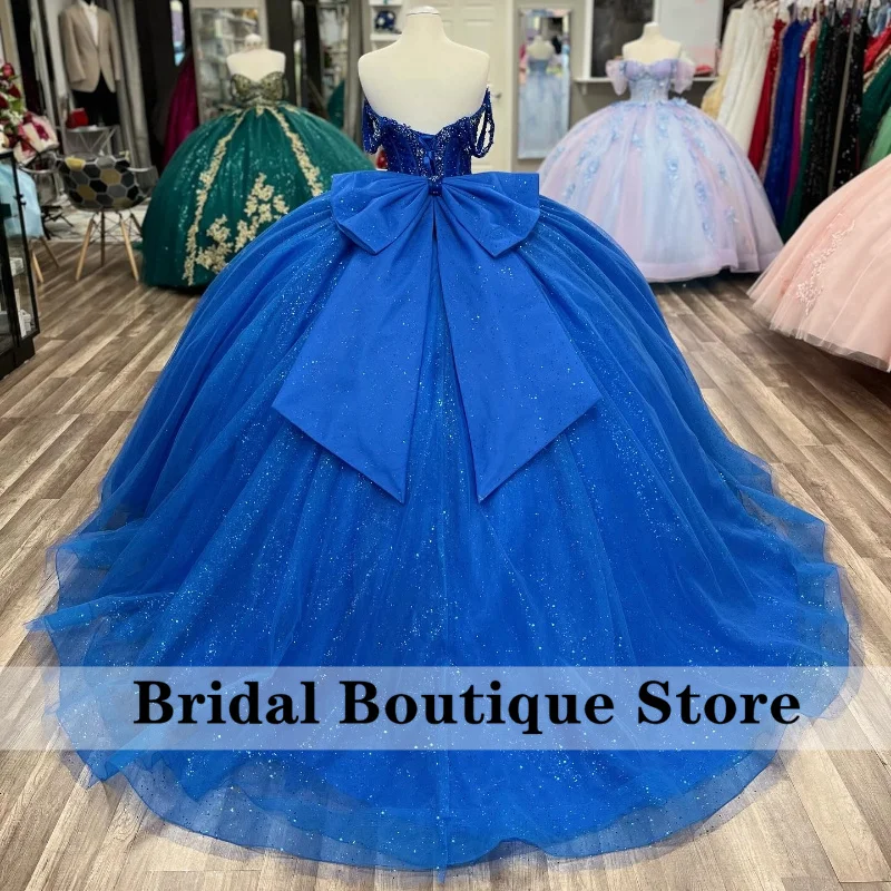 Royal Blue Princess Quinceanera Dresses With Bow Bead Crystals Beaded Luxury 16th Birthday Prom Corset Gown Ball Gown